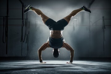 Canvas Print - A man doing a handstand in the dark with his shirt off, AI