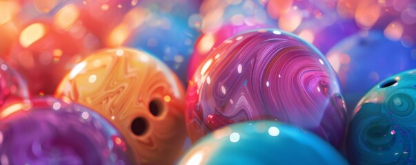 Close up view on bowling ball in different colors, sport active lifestyle banner. Generative Ai.