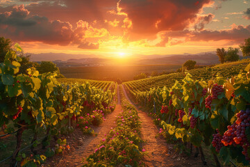 Sticker - A picturesque vineyard under a golden sunset. Concept of cultivated landscapes and agricultural beauty. Generative Ai.