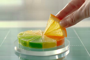 Aufkleber - Hand picking a citrus slice from a colorful pie chart, merging business data analysis with a fresh, creative approach, illustrating market research and financial statistics, Generativ AI
