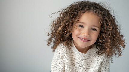 Wall Mural - Adorable curly-haired girl smiling warmly in a white sweater, set against a clean white background. Perfect for children's fashion, winter campaigns, and festive promotions. Plenty of copy space.