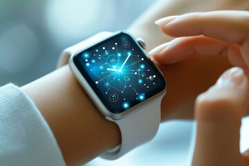 Poster - Smartwatch displaying a futuristic digital interface with health and fitness data, highlighting the innovative technology and sleek design of modern wearable devices, Generativ AI
