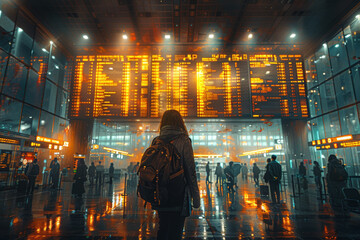 Poster - A busy airport terminal with travelers and flight information screens. Concept of global connectivity and travel. Generative Ai.