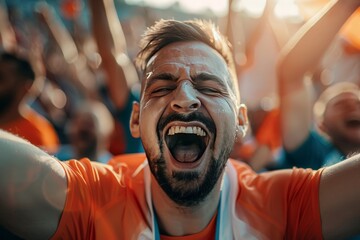 Wall Mural - Intense portrait of a man with face paint screaming in support of his team at a sports event