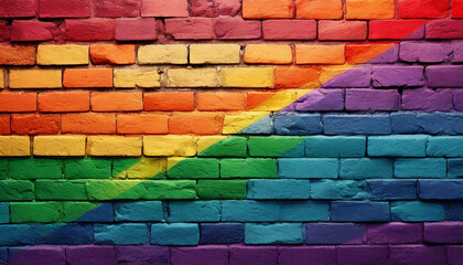 Wall Mural - brick stone wall painted in the colors of the lgbt flag and rainbow, abstract texture background wallpaper for product presentation close up full screen, queer lgbtq pride month