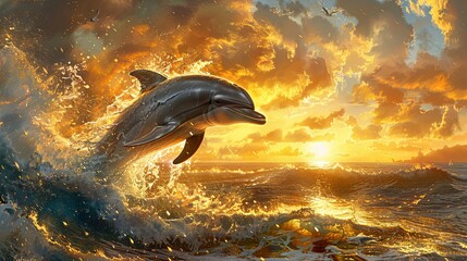 Wall Mural - A dolphin is jumping out of the water in a beautiful sunset