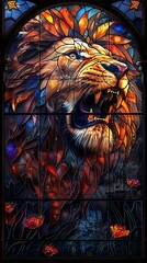 Wall Mural - A stained glass lion with a mouth open and teeth bared