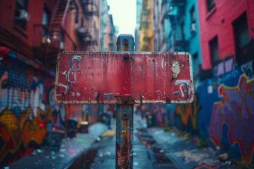 Poster - Monochrome street sign against a backdrop of colorful graffiti-covered buildings. Concept of urban exploration and artistic expression. Generative Ai.