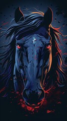 Wall Mural - A black horse with red eyes and a bloody face
