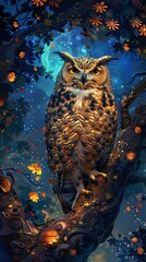 A large owl is perched on a tree branch in a forest