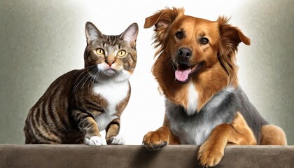 cat and dog looking at the camera, pets together