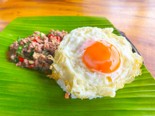 Wall Mural - Stir-fried pork and holy basil, fried egg.