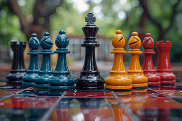 Canvas Print - Monochrome chessboard set up on a table with colorful pieces. Concept of strategy and intellectual challenge. Generative Ai.