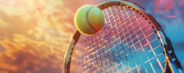 Close up view on tennis ball with racket, active lifestyle banner. Generative Ai.