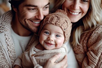 Happy parents with smiling baby in cozy sweaters