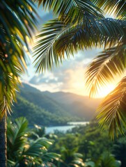 Wall Mural - A vibrant tropical scene featuring palm leaves framing a distant view of lush green hills and the ocean under a bright sun, evoking a sense of paradise and relaxation