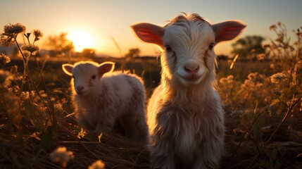 Wall Mural - Outgoing goat at sunset