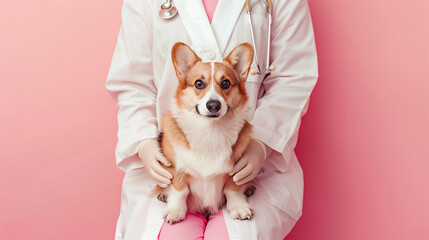 Wall Mural - corgi with veterinarian on pink background