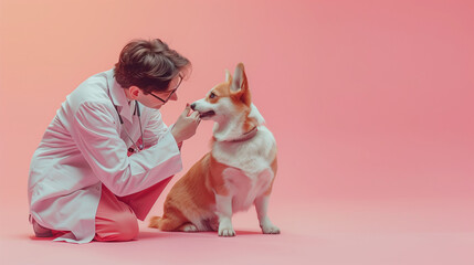 Wall Mural - corgi with veterinarian on pink background