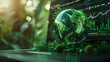 © Prasanth - A green globe with a stock chart on the laptop screen. Green business concept. Digital sustainability. Future green energy innovation business trend.