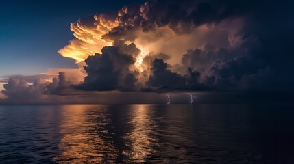 Wall Mural - thunderclouds loom over the serene ocean; distant lightning flickers, briefly illuminating the water