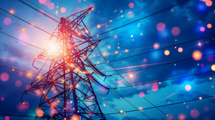 Power lines against the background of the night sky, electrical wires and lights