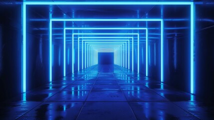 Wall Mural - Abstract background with blue neon lines glowing in darkness. Empty virtual space reflected in the floor