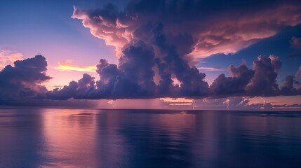 Wall Mural - thunderclouds loom over a serene ocean, lightning casting an enchanting glow. calm waters meet a sto