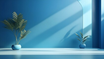 Wall Mural - Minimalistic abstract blue wall background for product presentation with sunlight shadow