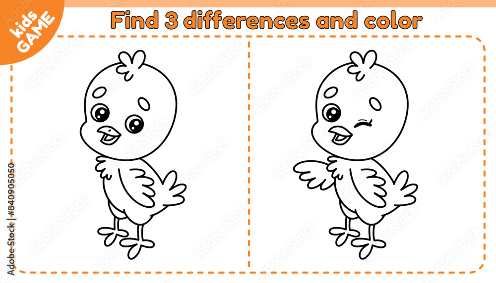 Farm kids game Find 3 differences with cartoon chick. Cute small chicken. Spot the differences. Educational activity book. Worksheet for children. Vector outline illustration of the cute farm bird.
