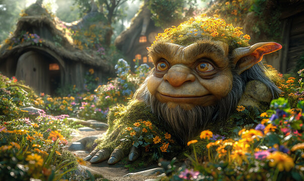 3D cartoon, troll in flowers in a fairytale village.