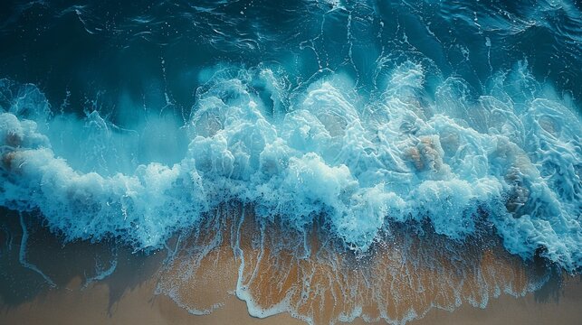 Background of ocean waves on the beach with a blue water wave backdrop. Beautiful natural summer vacation holidays background.