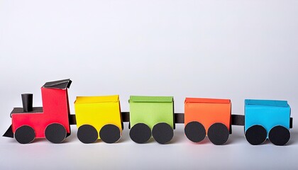 cute choo choo train toy train locomotive for kid, engine, wagon, wheels and railway, railroad conductor idea for a child.  concept paper origami isolated on light or white background with copy space