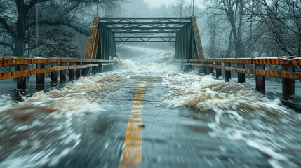 a bridge is overwhelmed by a flood with muddy water rushing over the road in bleak weather