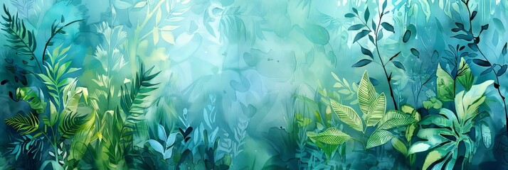 Watercolor illustration of lush green and blue tropical foliage with abstract leaves and plants on a light blue background. Banner with copy space 