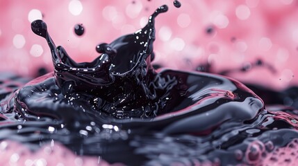 Wall Mural - a close-up of a black liquid splash frozen in time with a pink bokeh background, highlighting the dy