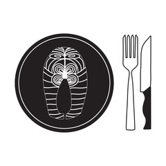 Salmon on a plate with cutlery. Seafood line art icon.