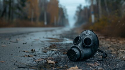 A gas mask is laying on the ground in a forest