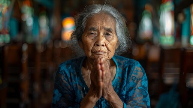 Solemn elderly woman with hands clasped in prayer inside a tranquil church, evoking spirituality