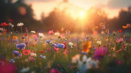 Wall Mural - natural meadow with wild flowers at a forest clearing at sunset