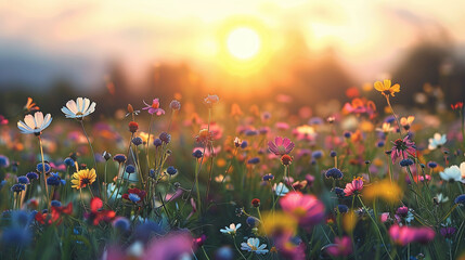 natural meadow with wild flowers at a forest clearing at sunset