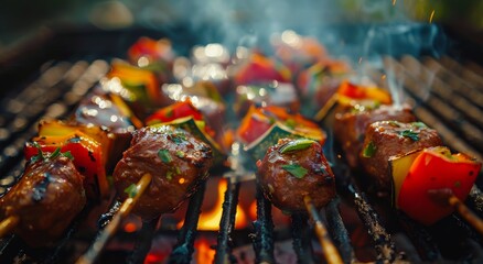 Sticker - Close Up of Grilled Skewers With Meat and Vegetables on a Charcoal Grill