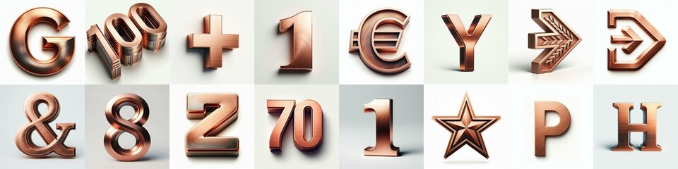 Brushed Copper metal Lettering Typeface. AI generated illustration