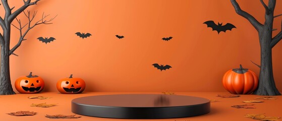 Wall Mural - 3D podium product presentation with halloween background for commercial, spooky halloween backdrop.