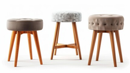 Wall Mural - Four distinct padded stools, each with wooden legs, separated against a white background. Series of furniture 