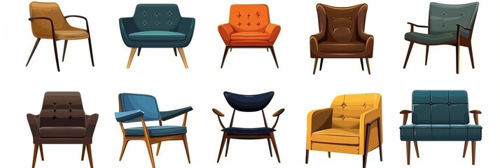 Wall Mural - Various isolated vector realistic illustrations of vintage mid-century modern armchairs on a white background. stylish yet cozy furniture for the living room or lounging area.