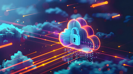 Wall Mural - abstract illustration of cloud security services, stylized cloud icon integrated with a secure padlo