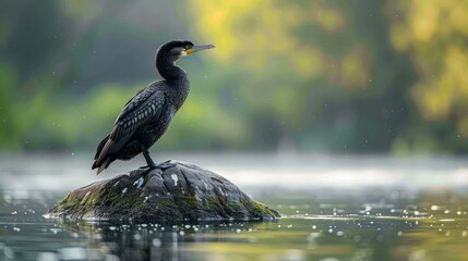 A Black Cormorant Perched on a Rock in a Foggy River