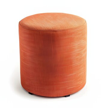 Unusual orange cylindrical padded stool from the modern era, isolated on a white background and covered in soft fabric in a strict style. Innovative method for creating cylinder-shaped furniture