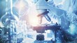 © Premium_art - Scientist fusing advanced microscope, modern science background